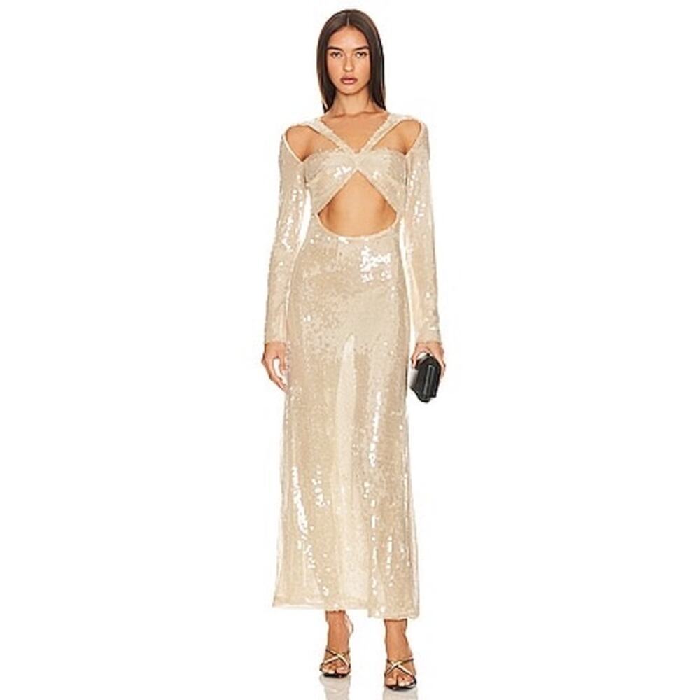 Kim Shui Cut Out Gown Sequin Pailette in Champagne Size XL - NWOT